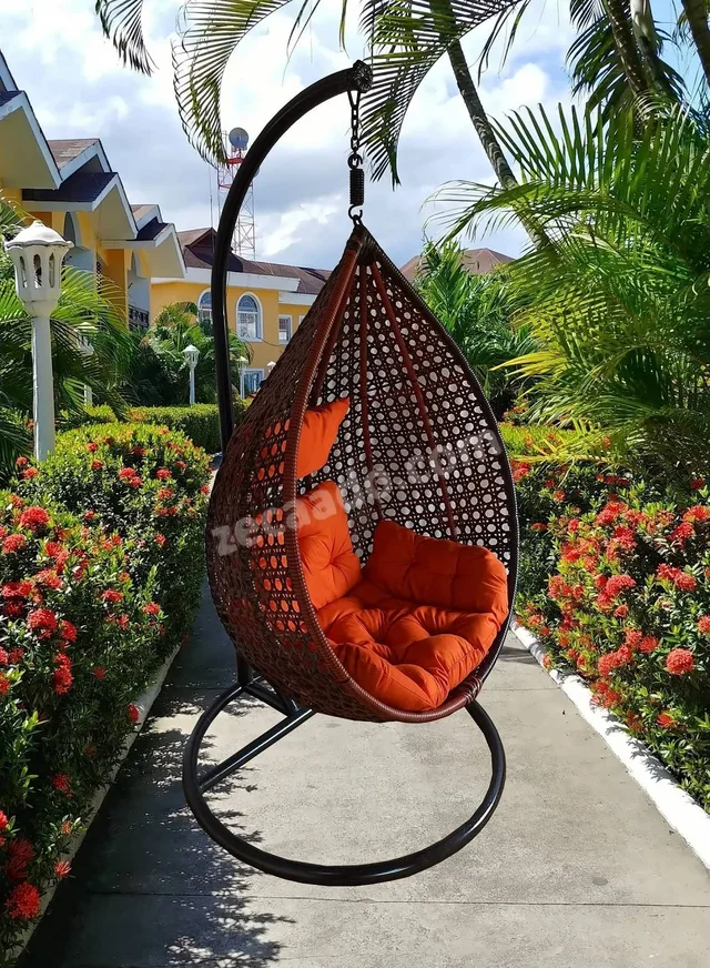 Bucket Swing Chair for Garden & Outdoor in Brown & Tan, Dual Tone with Orange Sofa Cushion