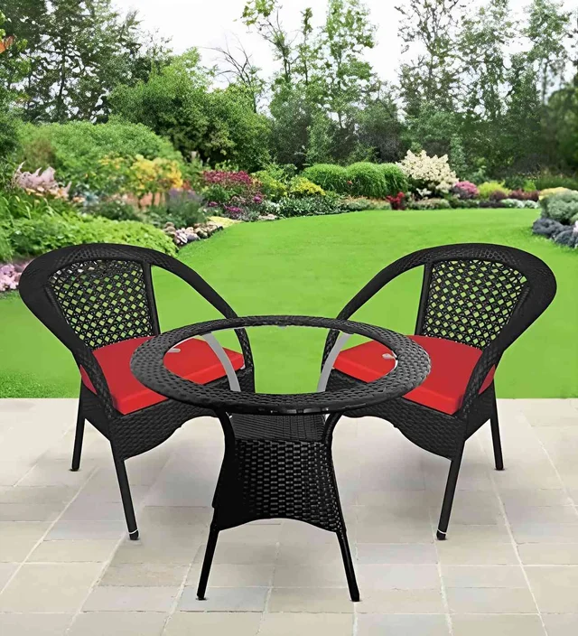 Zecado Joy 2 Seater Patio Coffee Table with Red Cushions in Black Corduroy Finish - Black